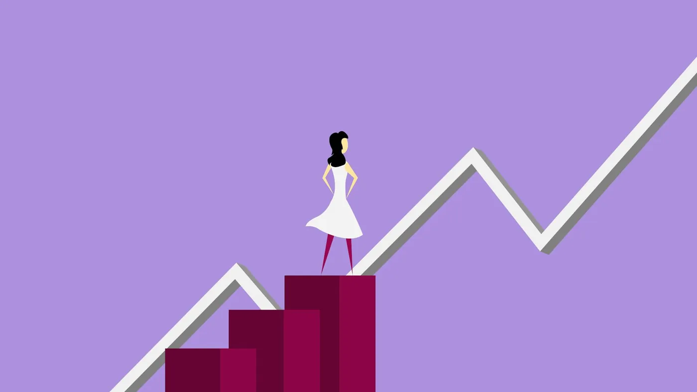 Illustration of a person standing on top of rising bar steps